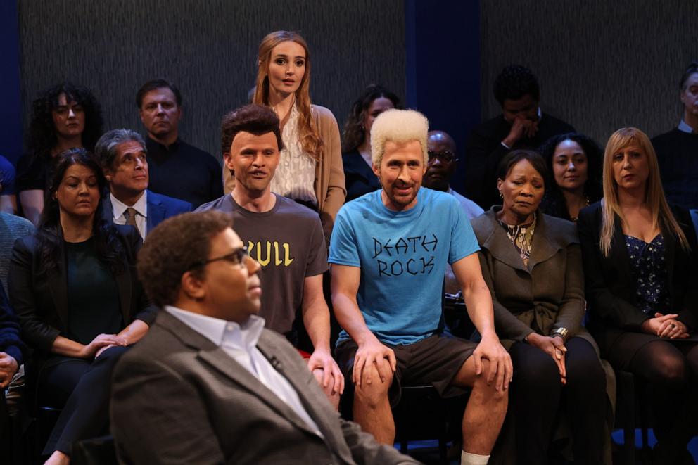 PHOTO: Mikey Day, center left, and host Ryan Gosling, center right, appear in the "Beavis and Butt-Head" sketch on "Saturday Night Live," April 13, 2024.