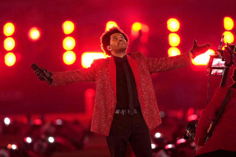 PHOTO: The Weeknd performs during the halftime show of the NFL Super Bowl LV in Tampa, Fla. on Feb. 7, 2021. The Weeknd' "Blinding Lights" was the No. 1 song of 2020, but was not nominated for a Grammy Award. 
