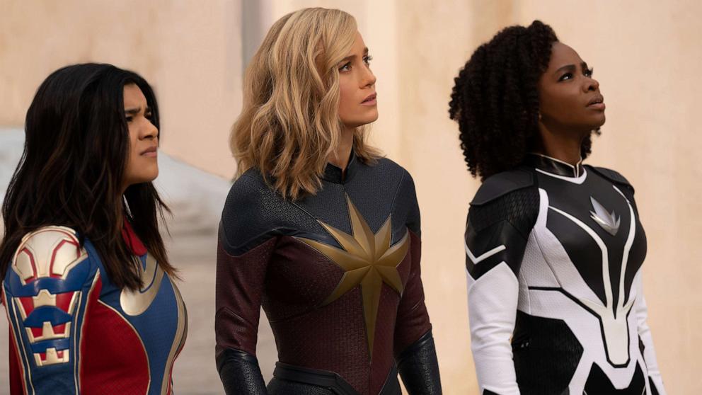 PHOTO: Iman Vellani as Ms. Marvel/Kamala Khan, Brie Larson as Captain Marvel/Carol Danvers, and Teyonah Parris as Captain Monica Rambeau in Marvel Studios' THE MARVELS.