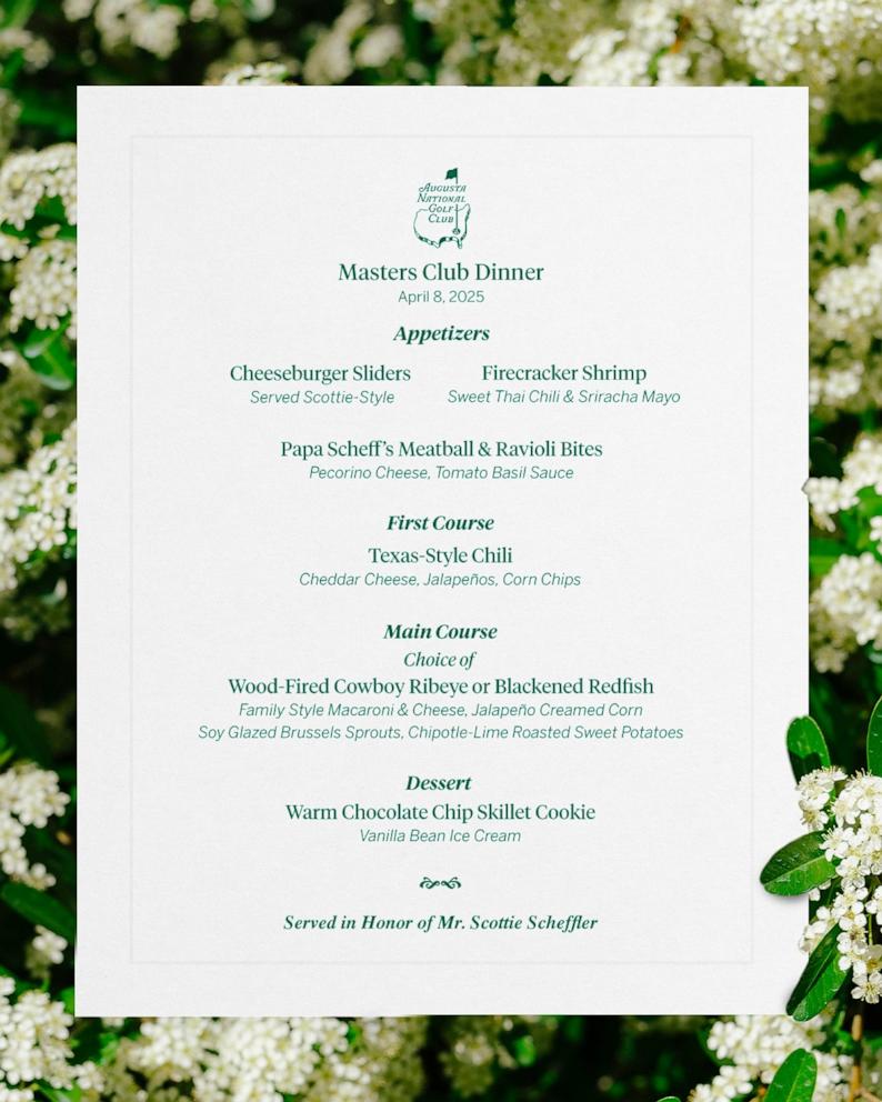 PHOTO: The menu for Scottie Scheffler's hosted Masters Club Dinner.