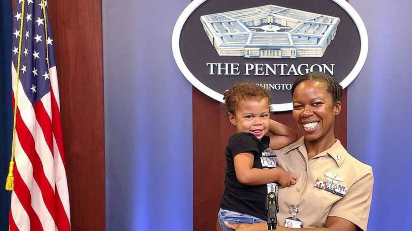 PHOTO: Thereasa Black is pictured with her daughter Isabella at the Pentagon in Arlington, Va.