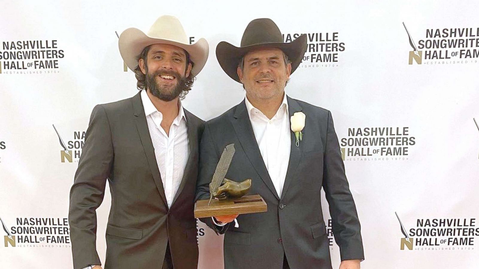 PHOTO: Father and Son, Singers/Songwriters Rhett Akins and Thomas Rhett attend the induction into the Nashville Songwriters Hall of Fame induction ceremony in Nashville, Tenn., Nov. 3, 2021.