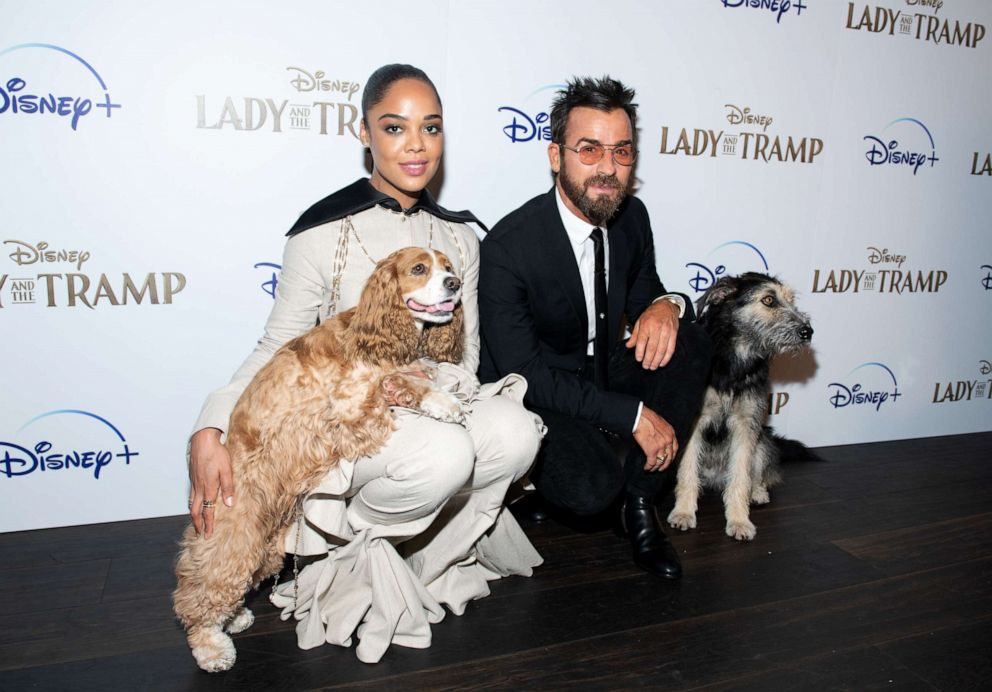 PHOTO: Tessa Thompson and Justin Theroux attend Disney+'s "Lady and the Tramp" New York Screening at iPic Theater, Oct. 22, 2019, in New York City.