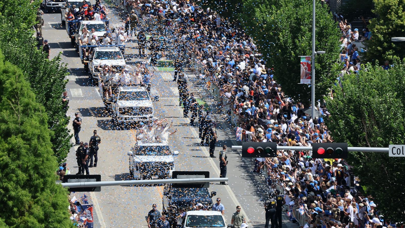 PHOTO: The Oklahoma City Thunder celebrate their first NBA Finals title win with a champions parade throughout downtown Oklahoma City, on June 24, 2025.