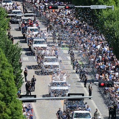 PHOTO: The Oklahoma City Thunder celebrate their first NBA Finals title win with a champions parade throughout downtown Oklahoma City, on June 24, 2025. 