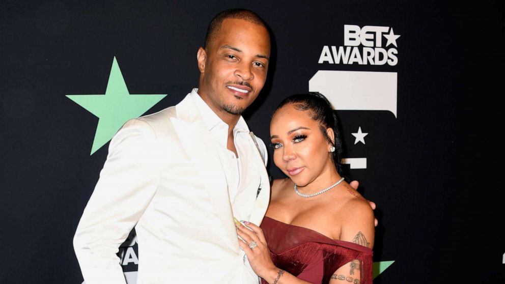 T.I. & Tameka "Tiny" Harris pose in the press room at the 2019 BET Awards, June 23, 2019, in Los Angeles.