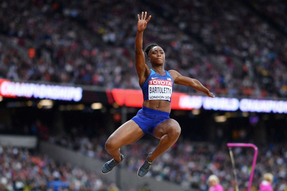 PHOTO: Tianna Bartoletta competes in the final of the women's long jump athletics event at the 2017 IAAF World Championships in London, Aug. 11, 2017.