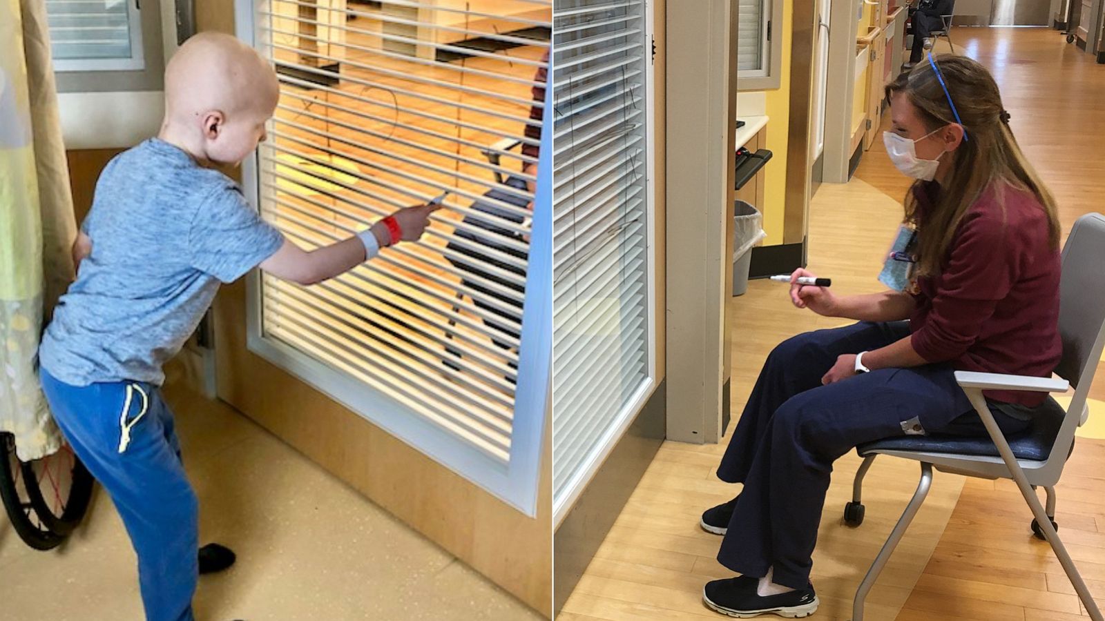 PHOTO: Nurse Allie Schulten plays tic-tac-toe with cancer patient Grant Wolf through a hospital room window, hoping to cheer up the seven-year-old while social distancing.