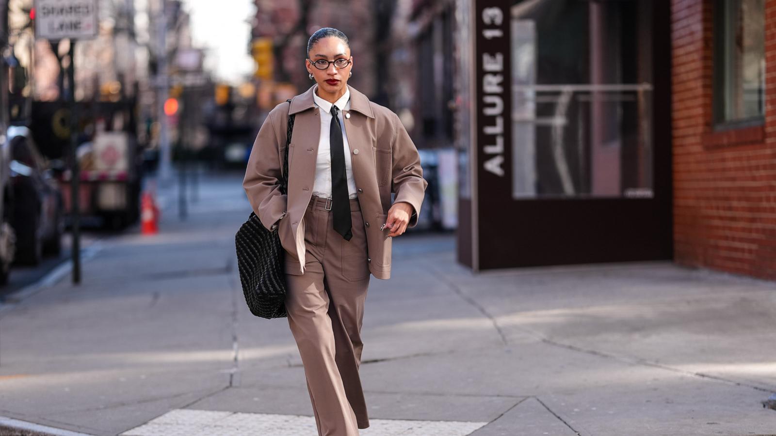 PHOTO: A guest outside Theory during the New York Fashion week Fall/Winter 2025, Feb. 7, 2025, in New York.