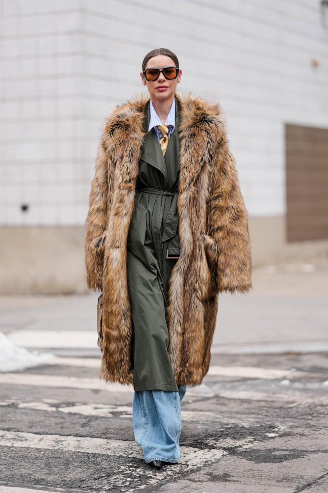 PHOTO: A guest outside Michael Kors, during the New York Fashion week Fall/Winter 2025, Feb. 11, 2025, in New York.