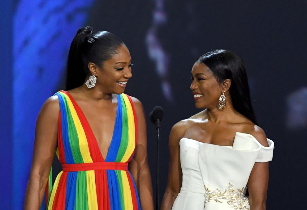 PHOTO: Tiffany Haddish and Angela Bassett speak onstage during the 70th Emmy Awards at Microsoft Theater on Sept. 17, 2018 in Los Angeles.