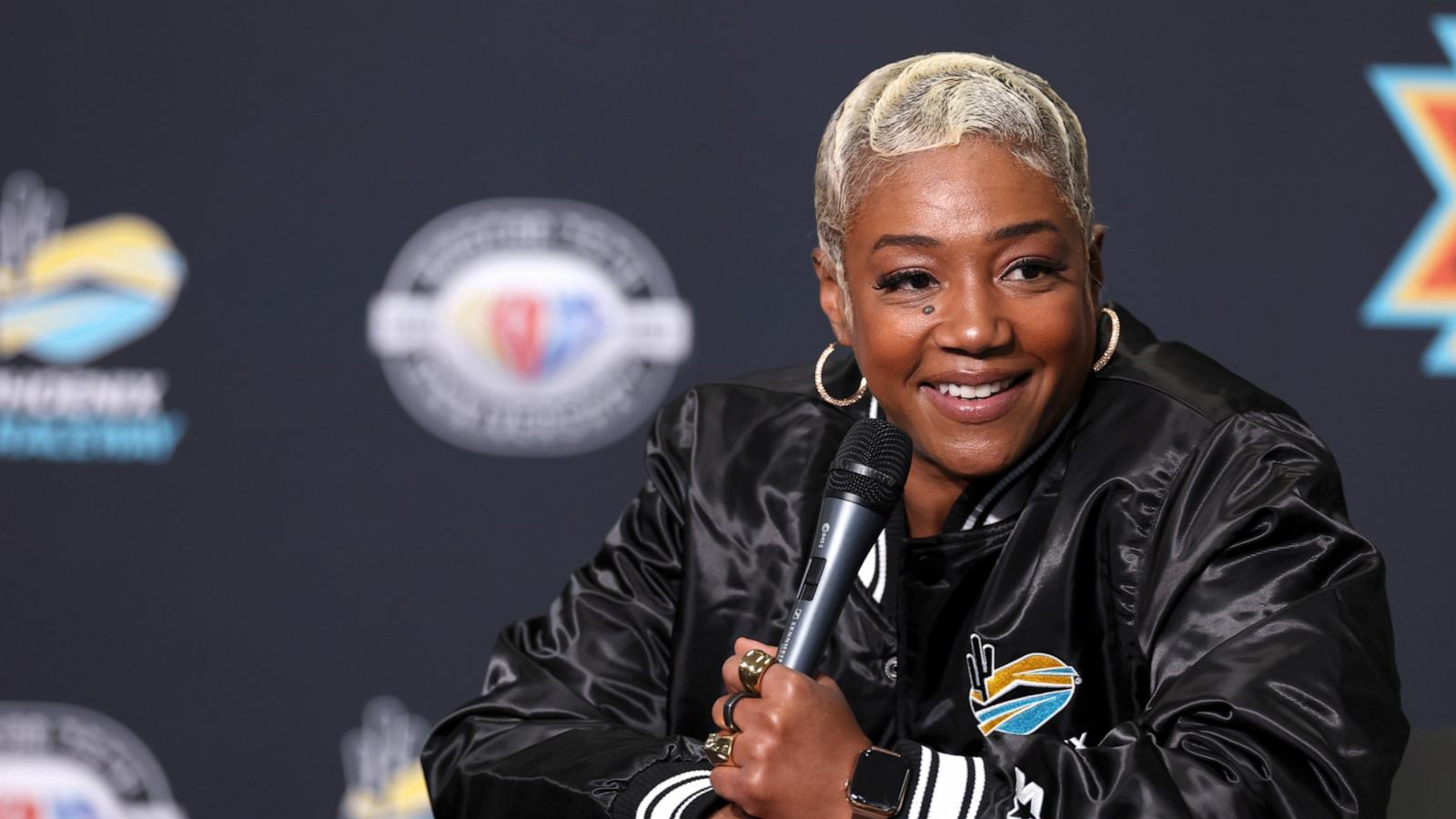 PHOTO: Honorary pace car driver Tiffany Haddish speaks to the media during a press conference prior to the NASCAR Cup Series Championship at Phoenix Raceway on Nov. 5, 2023, in Avondale, Ariz.