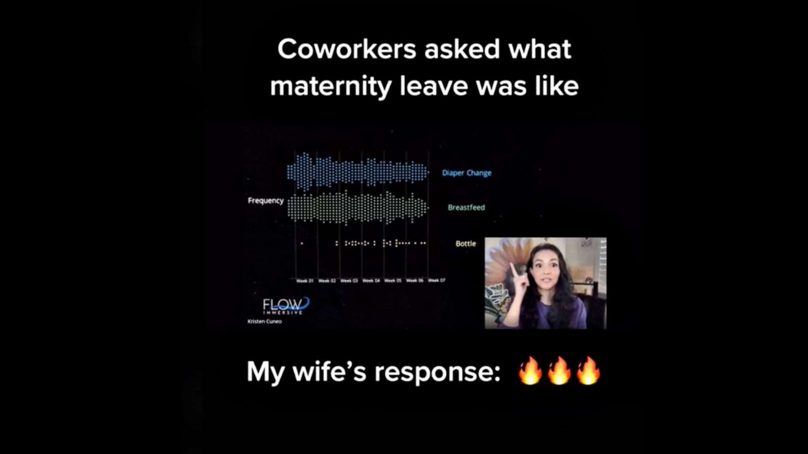 PHOTO: Kristen Cuneo shared on a Zoom meeting at work a data visualization of the tasks she undertook while on maternity leave.