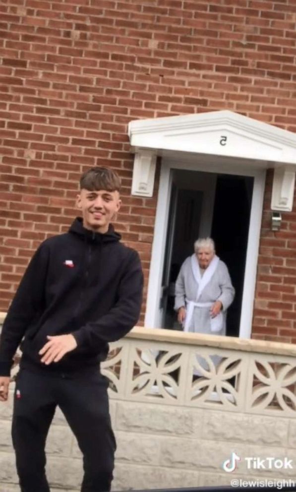 PHOTO: Lewis Leigh, 18, a resident of the U.K., taught his grandma, Phyllis Leigh, 76, lovingly known as "Nan," a viral dance from the video sharing app while standing at a safe distance. 