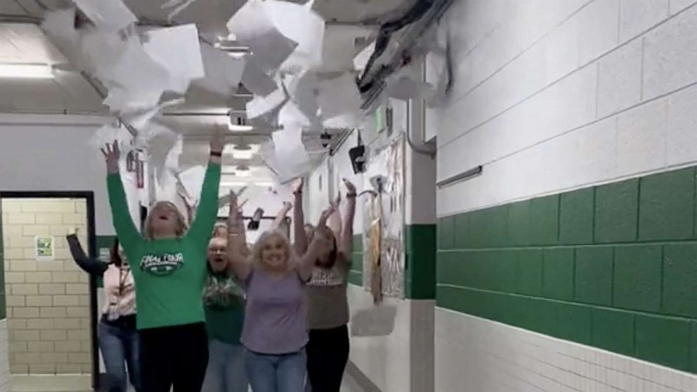 PHOTO: Teacher Regan Porter shared a TikTok video post with Johnson's trending sound, showing school staffers tossing papers in the air and celebrating the end of the school year.