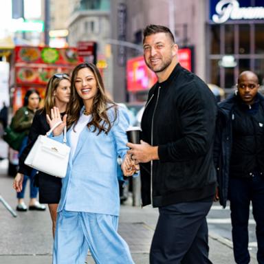 PHOTO: In this March 31, 2025, file photo, Demi-Leigh Tebow and Tim Tebow are seen at 'Good Morning America' in New York.