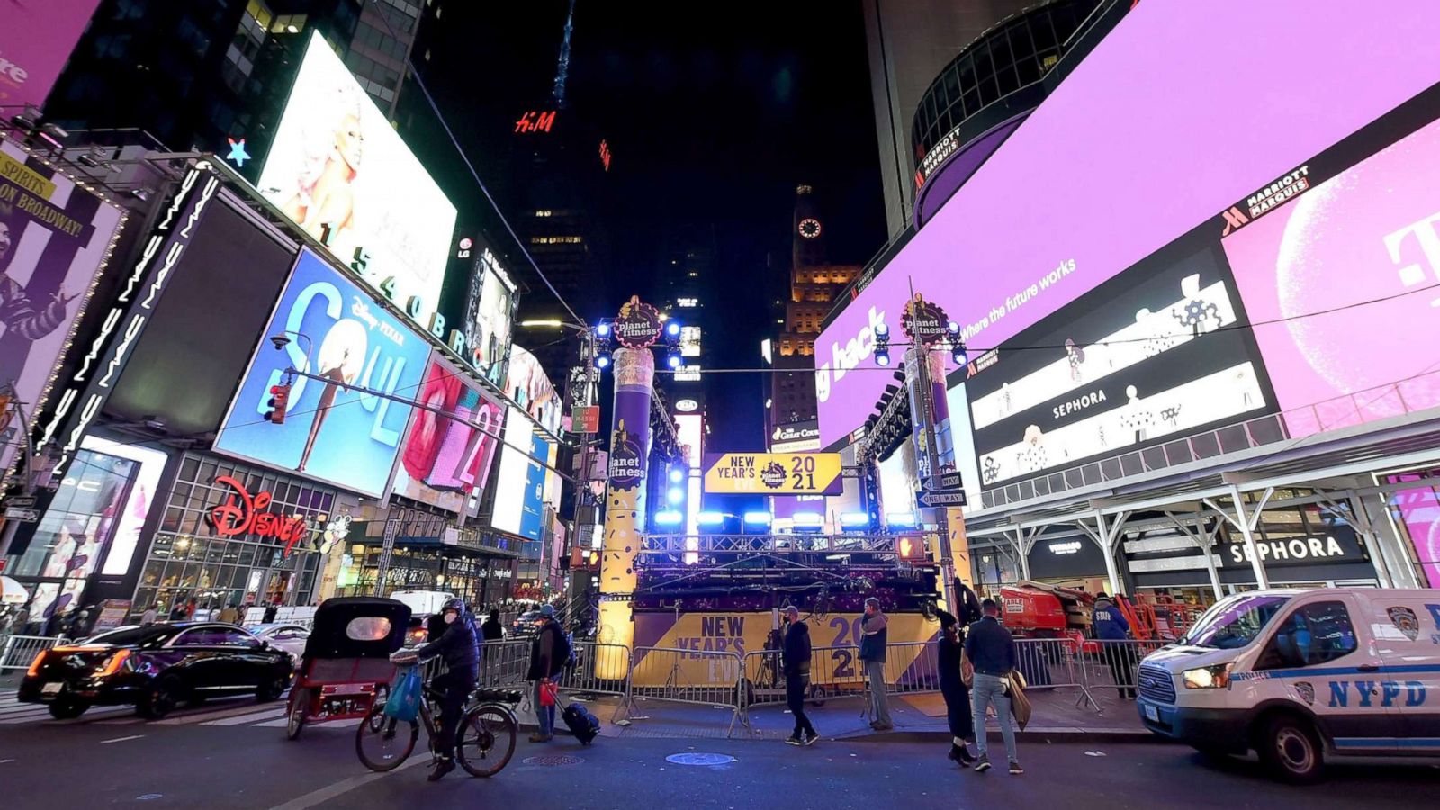 PHOTO: Preparations are being made in Times Square for the New Year's Eve celebration to welcome 2021 in New York, Dec. 30 2020.