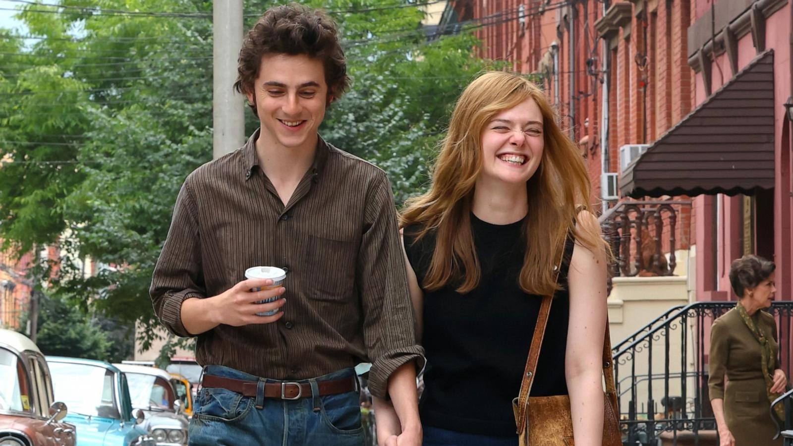 PHOTO: Timothee Chalamet and Elle Fanning are seen on the movie set of the "A Complete Unknown," June 11, 2024, in Hoboken, N.J.