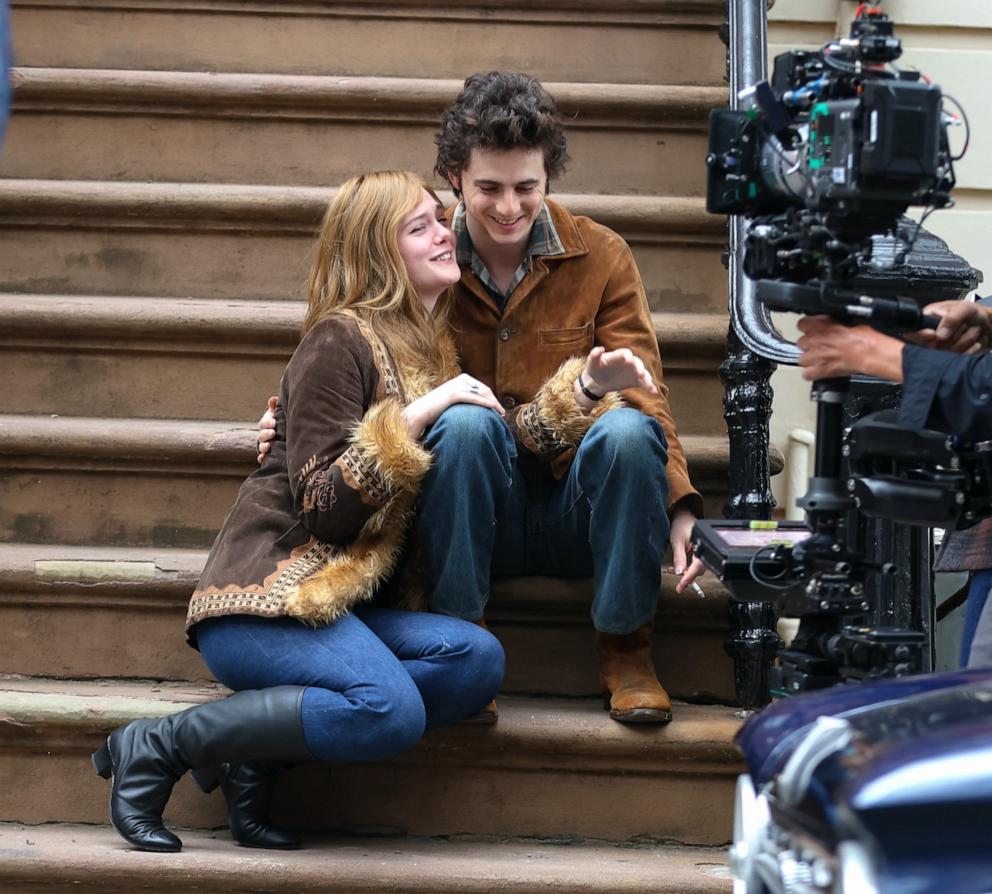 PHOTO: Elle Fanning and Timothee Chalamet are seen on the movie set of the "A Complete Unknown," June 11, 2024, in Hoboken, N.J. 