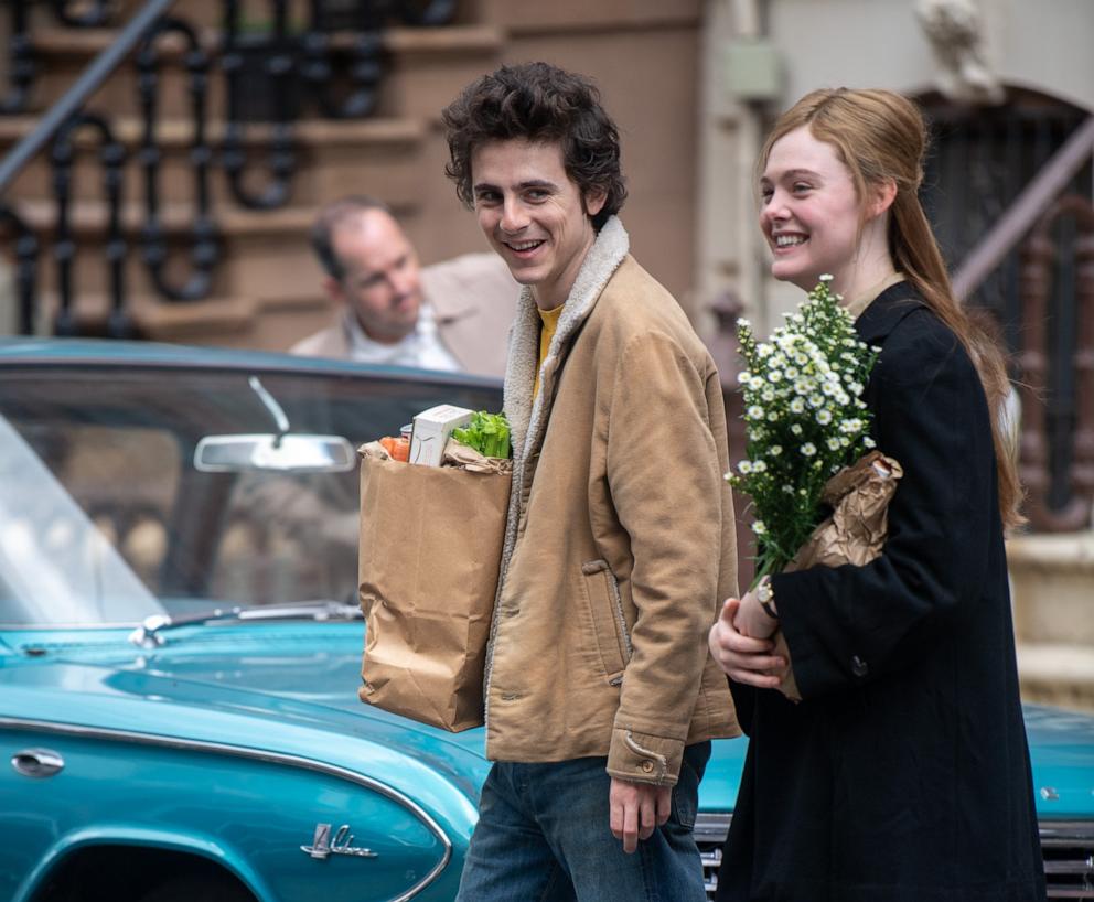 PHOTO: Timothee Chalamet and Elle Fanning are seen on the set of "A Complete Unknown," June 11, 2024, in Hoboken, N.J