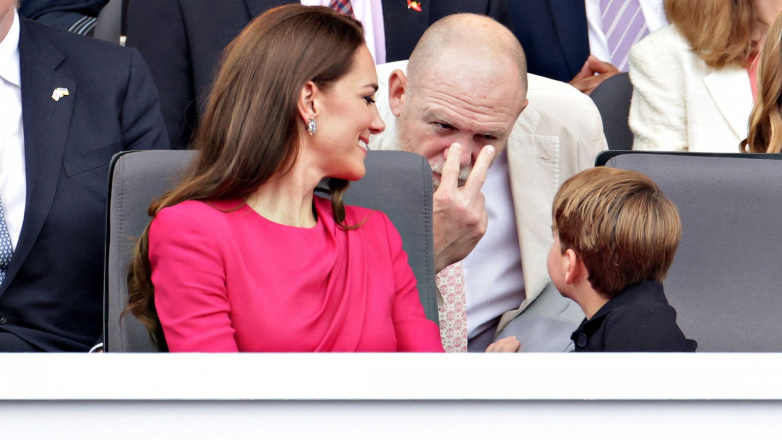 PHOTO:Mike Tindall interacts with Prince Louis of Cambridge as Catherine, Duchess of Cambridge, looks on during the June 2022 Platinum Jubilee to honor Queen Elizabeth II, June 5, 2022, in London.