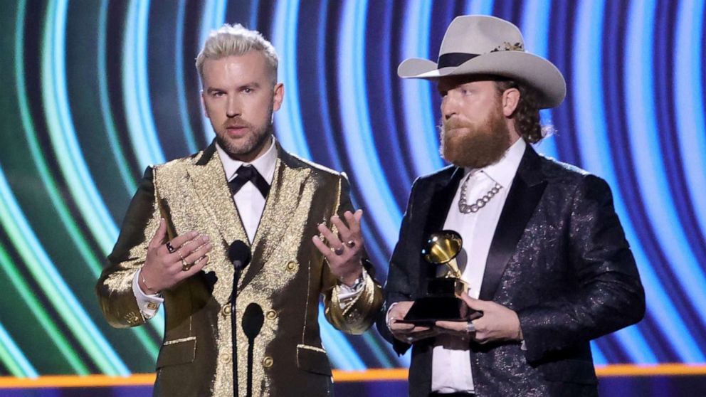 PHOTO: T.J. Osborne and John Osborne of Brothers Osborne accept the Best Country Duo/Group Performance award onstage 64th GRAMMY Awards Premiere Ceremony at MGM Grand Marquee Ballroom, April 3, 2022, in Las Vegas.