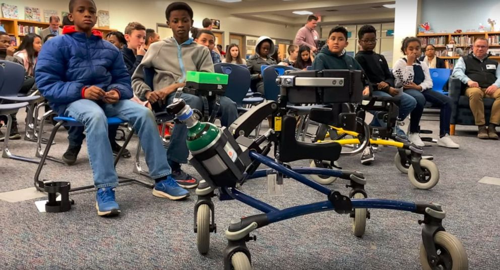 PHOTO: Emmett Hightshoe was diagnosed with Kabuki syndrome in utero. The  design and modeling class at McClintock Middle Scholl in Charlotte, N.C. got to work in building oxygen tank holders for Emmett.