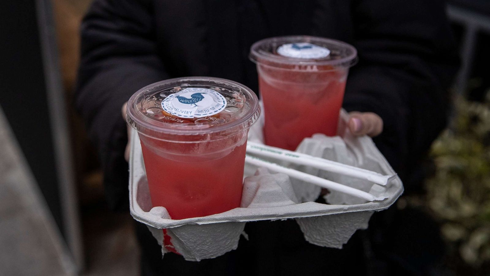 PHOTO: Cocktails are for sale to go at Dudley's bar and restaurant in Manhattan during the COVID-19 outbreak, March 19, 2020, in New York.