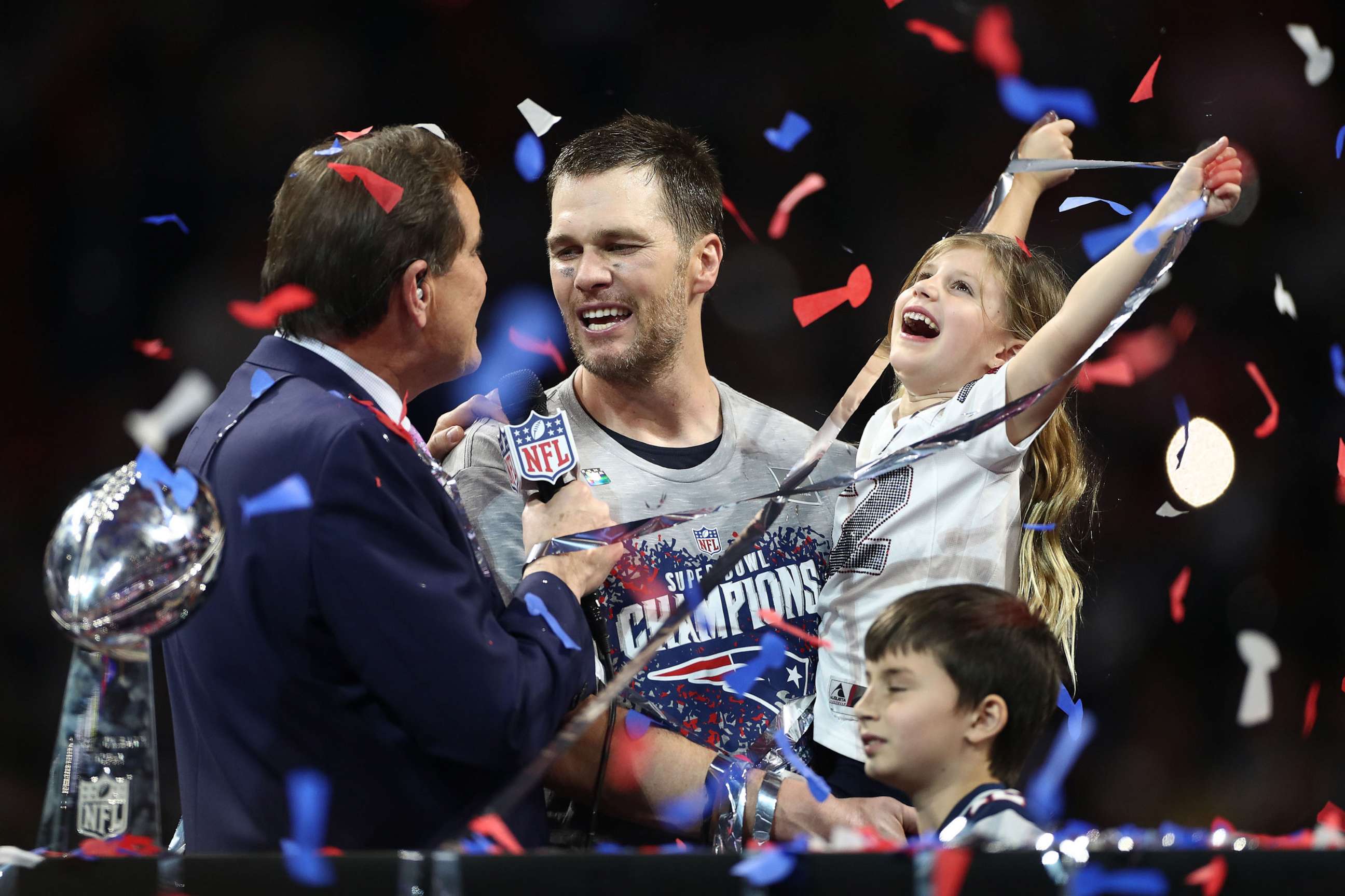 PHOTO: Tom Brady #12 of the New England Patriots, his daughter Vivian Lake Brady and his son Benjamin celebrate the Patriots' during Super Bowl LIII, Feb. 3, 2019 in Atlanta.