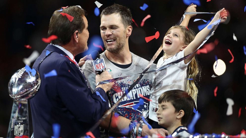 PHOTO: Tom Brady #12 of the New England Patriots, his daughter Vivian Lake Brady and his son Benjamin celebrate the Patriots' during Super Bowl LIII, Feb. 3, 2019 in Atlanta.