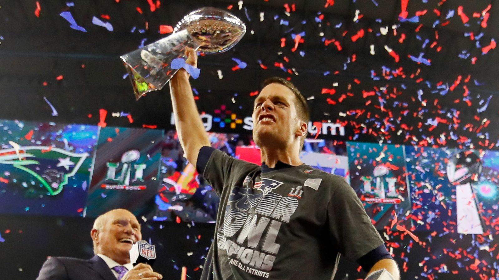 PHOTO: Tom Brady of the New England Patriots celebrates with the Vince Lombardi Trophy after defeating the Atlanta Falcons during Super Bowl 51 at NRG Stadium on Feb. 5, 2017 in Houston, Texas.