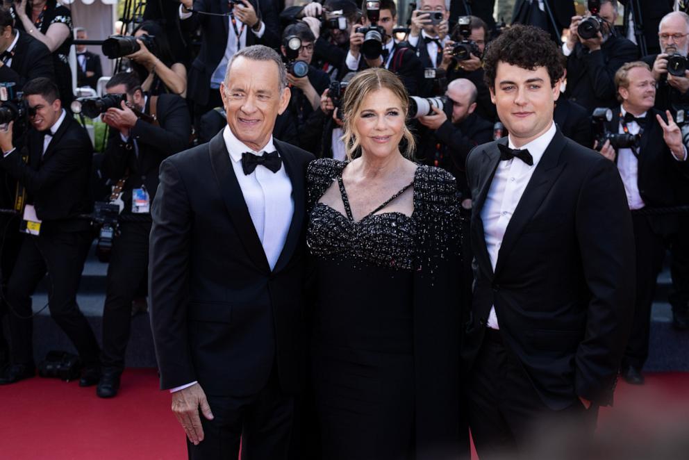 PHOTO: Tom Hanks, Rita Wilson and Truman Theodore Hanks attend the "Asteroid City" red carpet during the 76th annual Cannes film festival, May 23, 2023, in Cannes, France.