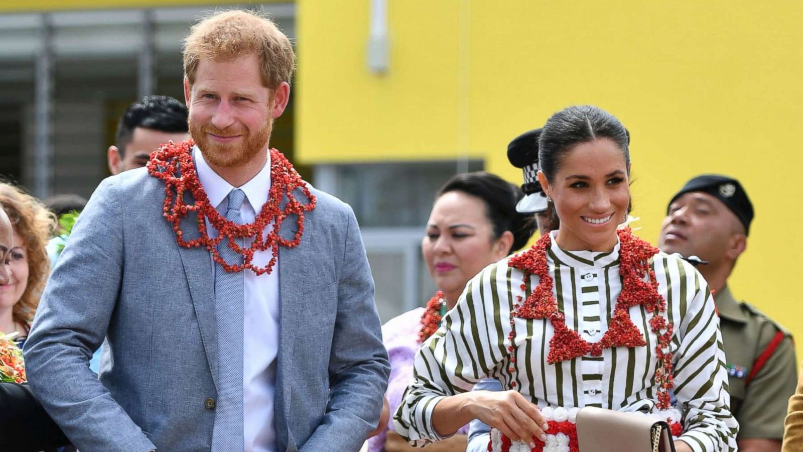 PHOTO: Prince Harry and his wife Meghan visit an exhibition of Tongan handicrafts, mats and tapa cloths at the Fa'onelua Convention Centre in Nuku'alofa, Tonga, Oct. 26, 2018.