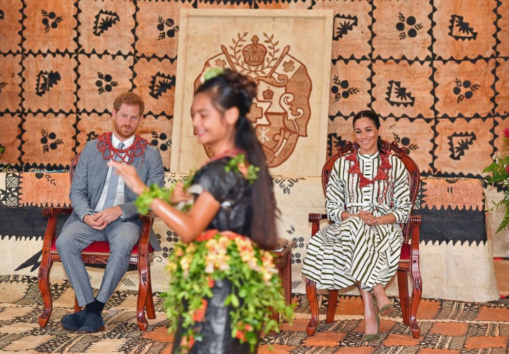 PHOTO: Prince Harry and Meghan, Duchess of Sussex watch a dance performance at the Fa'onelua Convention Centre inNuku'alofa, Tonga, Oct. 26, 2018. 