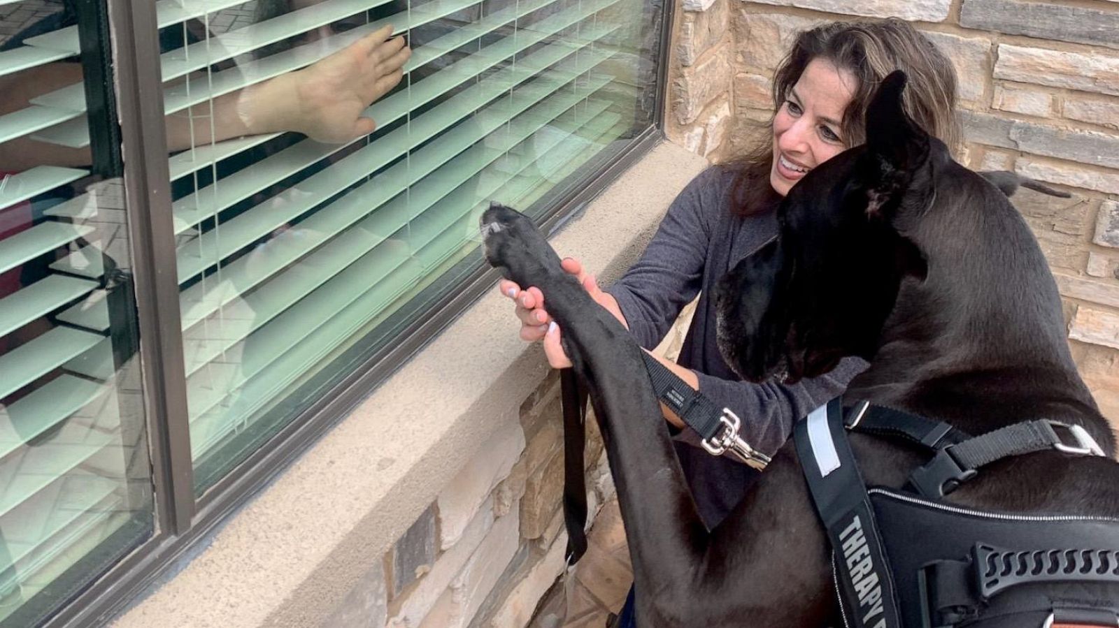 PHOTO: Courtney Leigh takes her Great Dane Tonka to visit residents of Cedar Pointe Health & Wellness Suites on March 17, 2020, in Cedar Pointe, Texas.