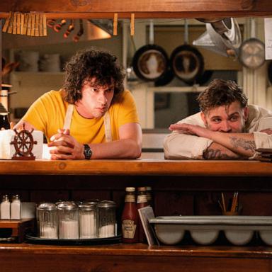 PHOTO: Dominic Sessa, as Anthony Bourdain, left, and Leo Woodall, right, in the biopic "Tony."