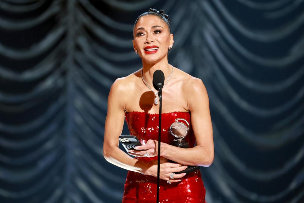 PHOTO: Nicole Scherzinger accepts the Best Performance by an Actress in a Leading Role in a Musical award for "Sunset Blvd." onstage during The 78th Annual Tony Awards at Radio City Music Hall on June 08, 2025 in New York City.