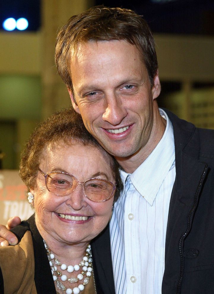 PHOTO: Tony Hawk and mother Nancy Hawk arrive at the DVD premiere for "Tony Hawk's Secret Skatepark tour," April 8, 2004, in Hollywood, Calif.