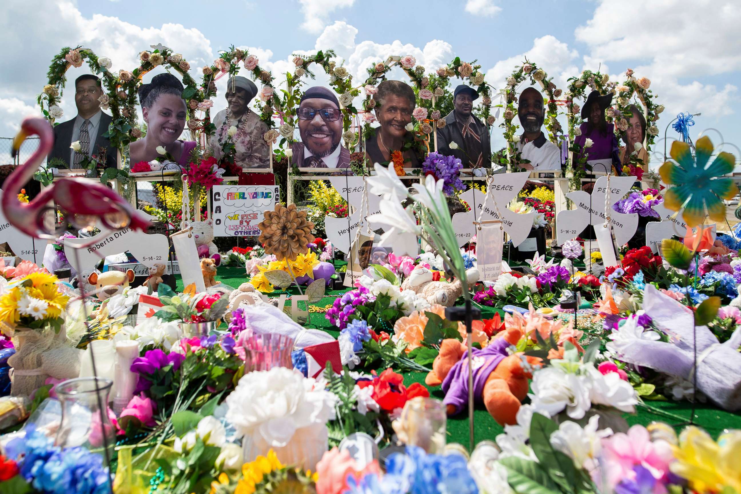 PHOTO: A memorial for the supermarket shooting victims outside the Tops Friendly Market, July 14, 2022, in Buffalo, N.Y.