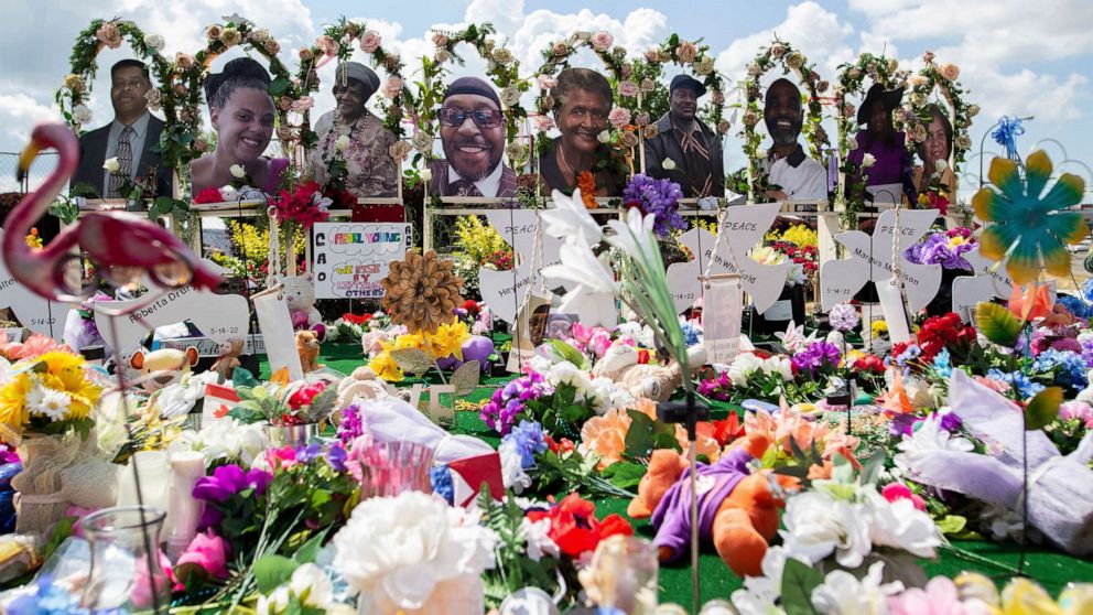 PHOTO: A memorial for the supermarket shooting victims outside the Tops Friendly Market, July 14, 2022, in Buffalo, N.Y.