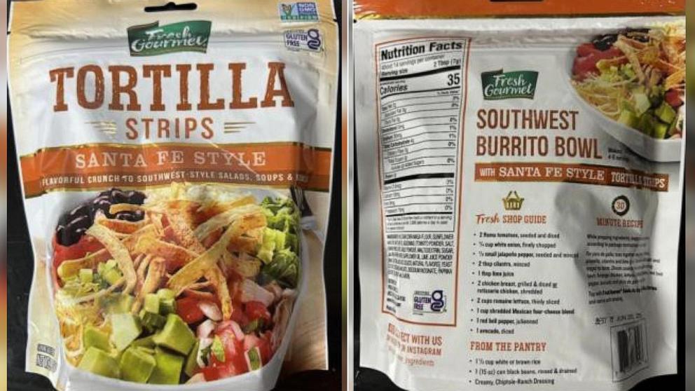 PHOTO: Sugar Foods is recalling 3.5 ounce pouches of Fresh Gourmet Tortilla Strips Santa Fe Style with UPC Code 7 87359 17504 6 and Best By Date June 20, 2025 due to a contamination of undeclared wheat allergen. 