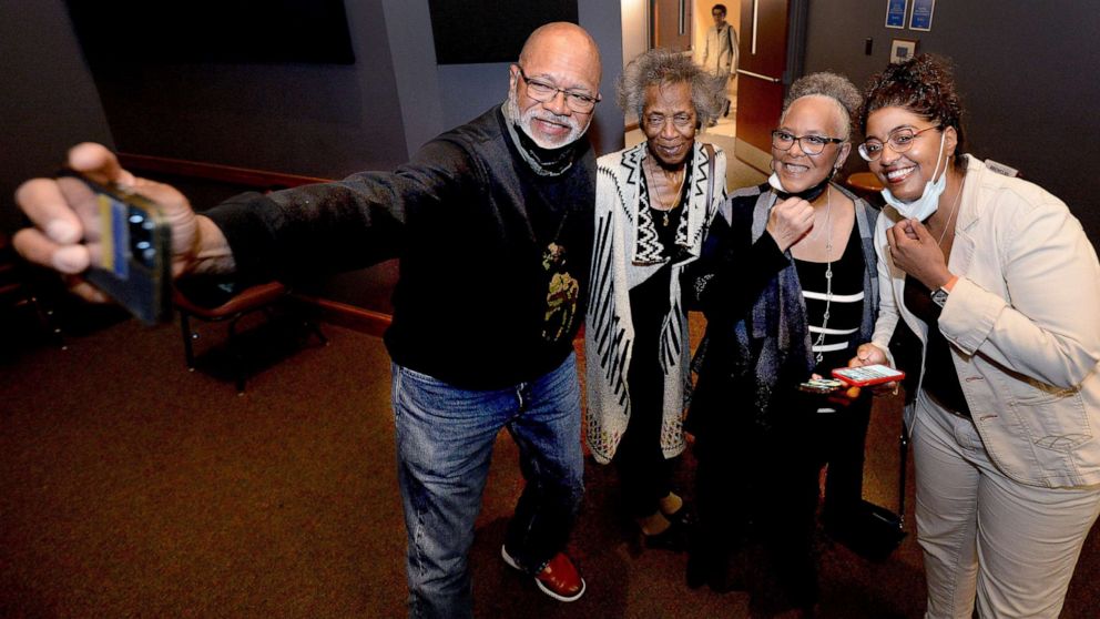 PHOTO: Tracey Meares, right, poses with friends, left to right, Tony Thompson, Martha Harris, and Janice Thompson before the showing of the documentary "No Title for Tracey," at the Hoogland Center for the Arts on April 16, 2022 in Springfield, Ill.