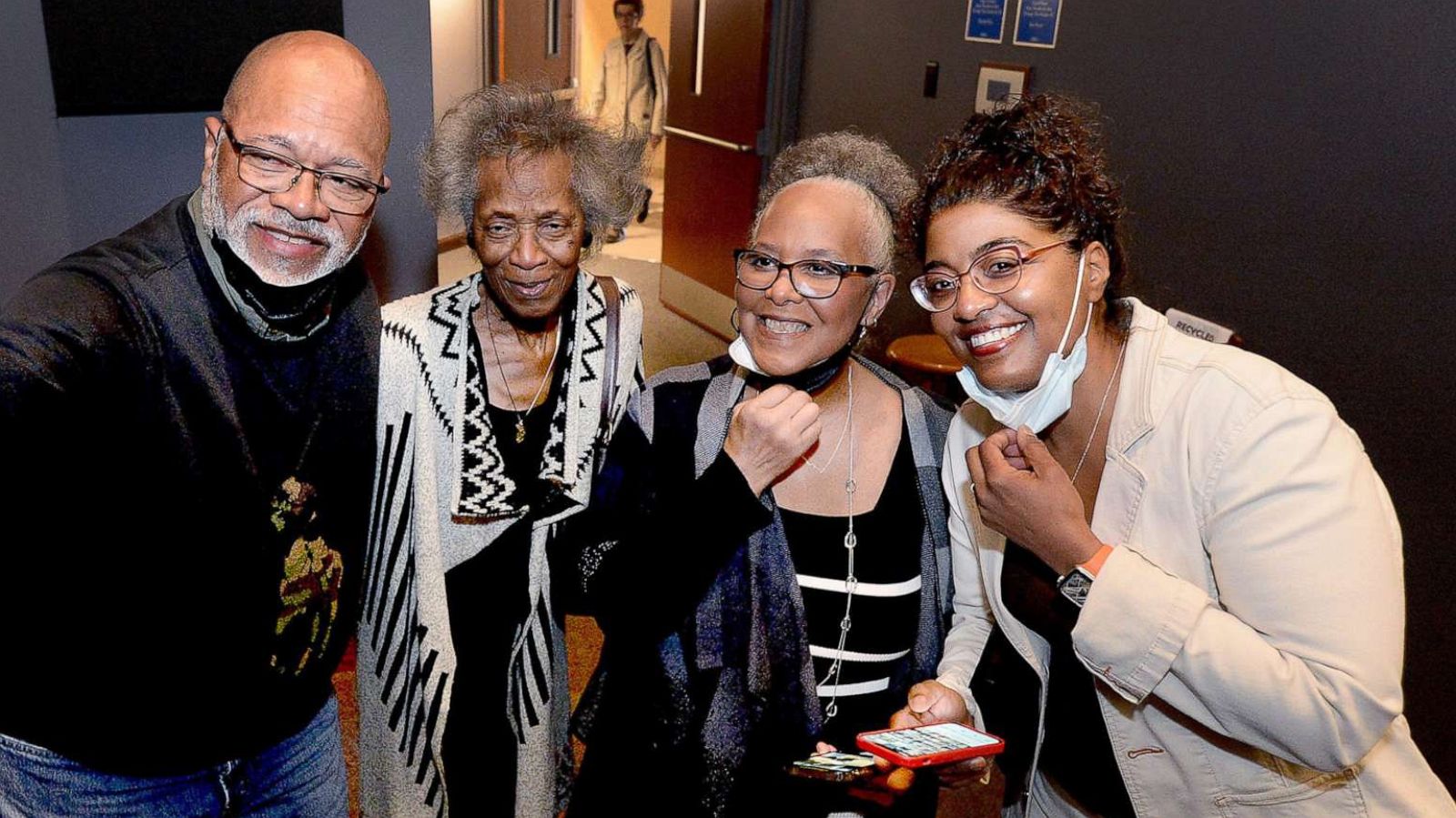 PHOTO: Tracey Meares, right, poses with friends, left to right, Tony Thompson, Martha Harris, and Janice Thompson before the showing of the documentary "No Title for Tracey," at the Hoogland Center for the Arts on April 16, 2022 in Springfield, Ill.