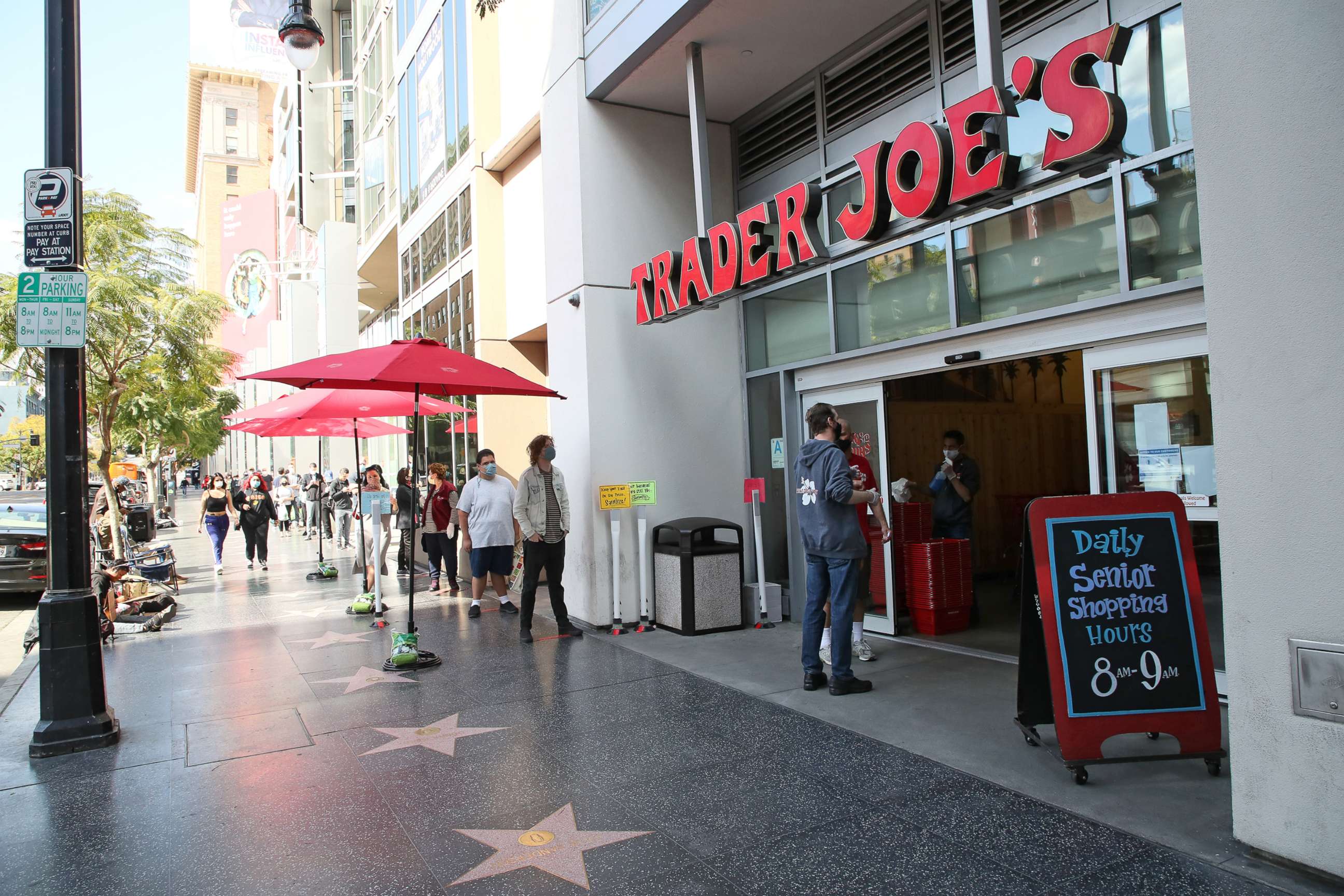 PHOTO: In this April 17, 2020, file photo, people wait in line to enter Trader Joe's in Los Angeles.