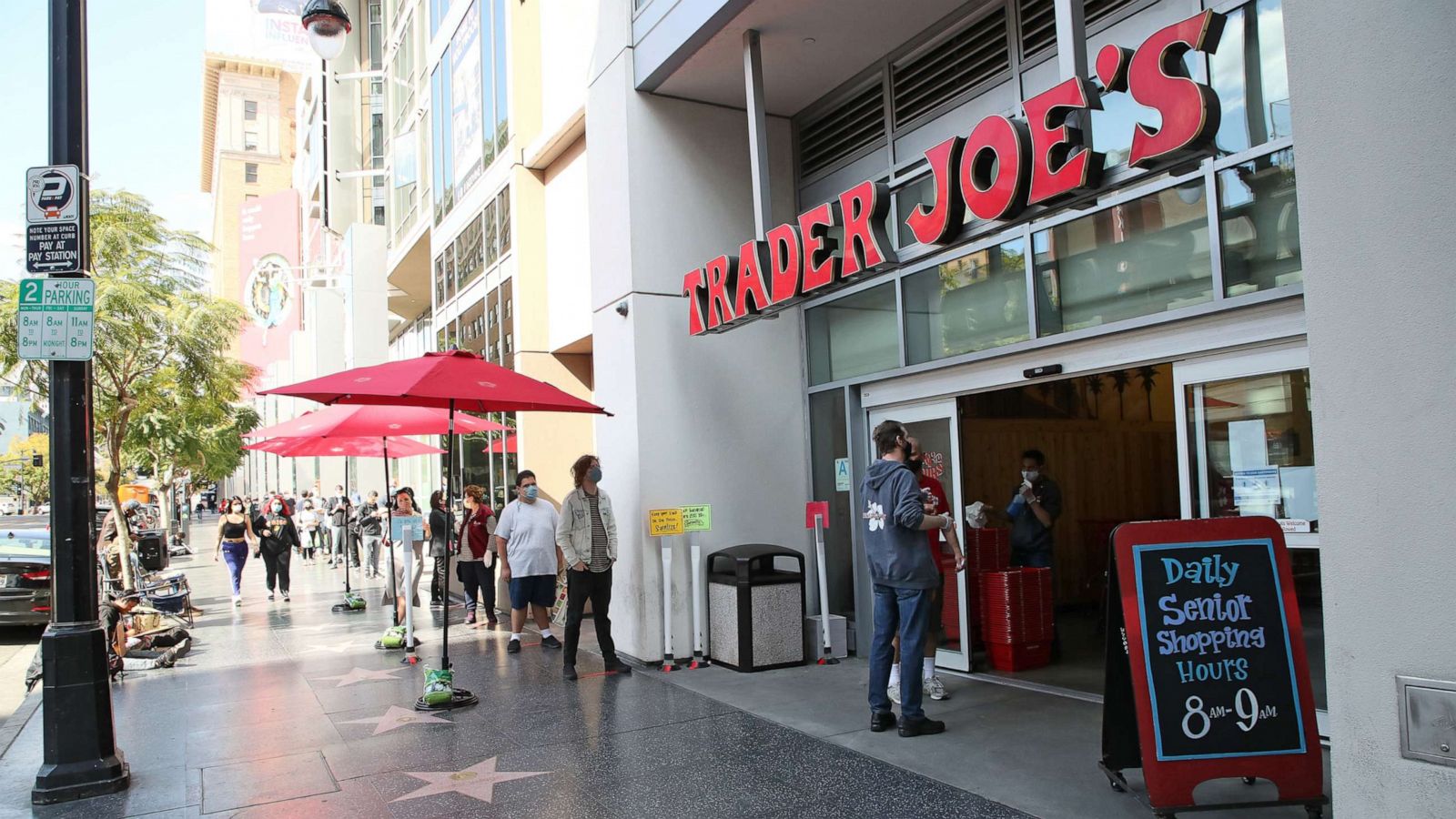 PHOTO: In this April 17, 2020, file photo, people wait in line to enter Trader Joe's in Los Angeles.