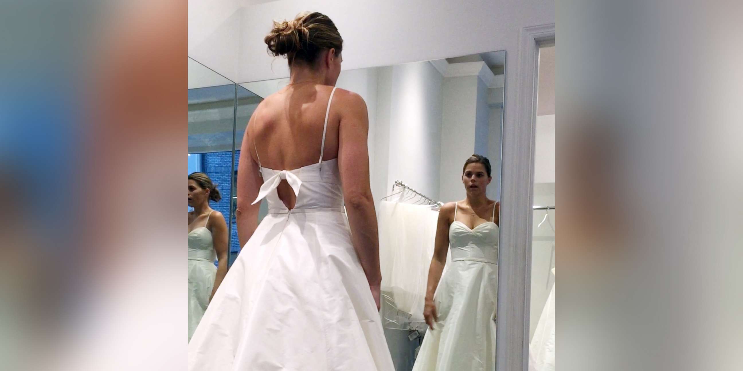 PHOTO: Lanie Parr, of New York City, tries on a wedding dress at the end of "GMA" Train My Way.