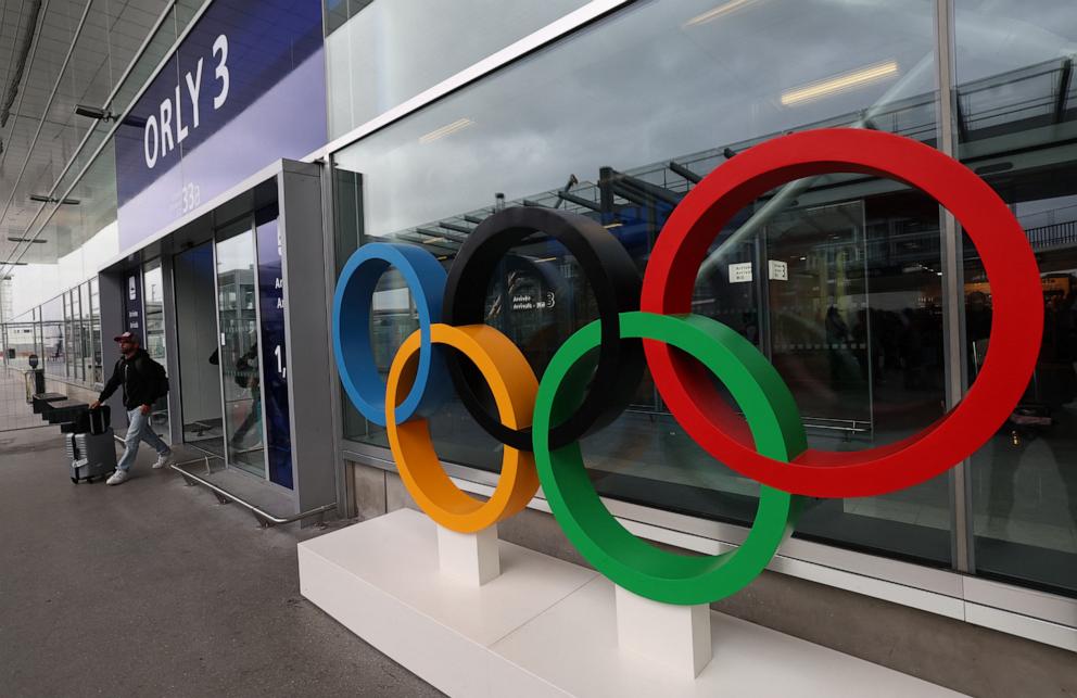 PHOTO: This photograph shows a view of Olympic rings displayed at the arrival level of the Orly airport, south of Paris, on June 19, 2024. 