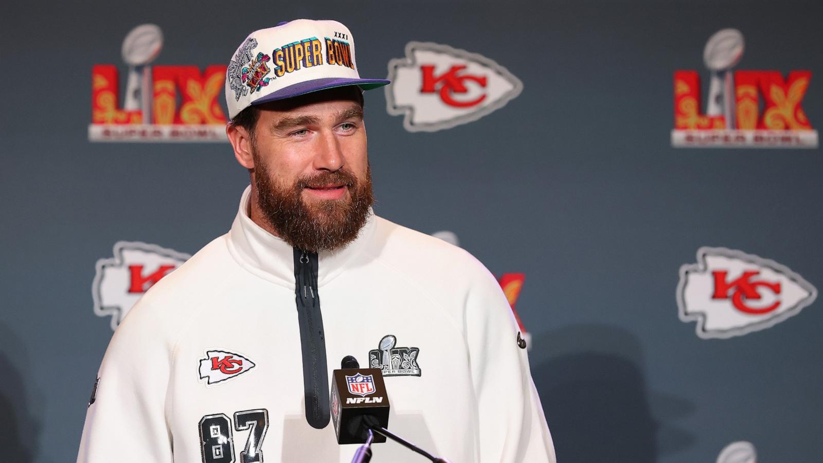 PHOTO: Travis Kelce #87 of the Kansas City Chiefs talks during media availability prior to Super Bowl LIX at the New Orleans Marriott on February 06, 2025 in New Orleans, Louisiana.