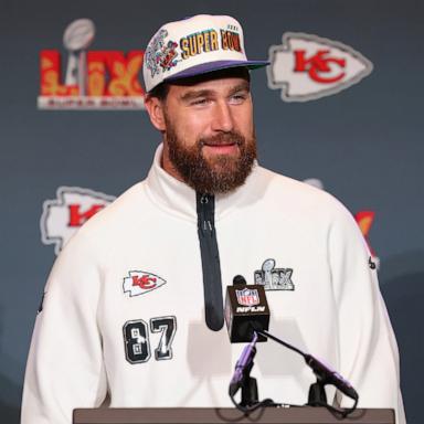 PHOTO: Travis Kelce #87 of the Kansas City Chiefs talks during media availability prior to Super Bowl LIX at the New Orleans Marriott on February 06, 2025 in New Orleans, Louisiana.