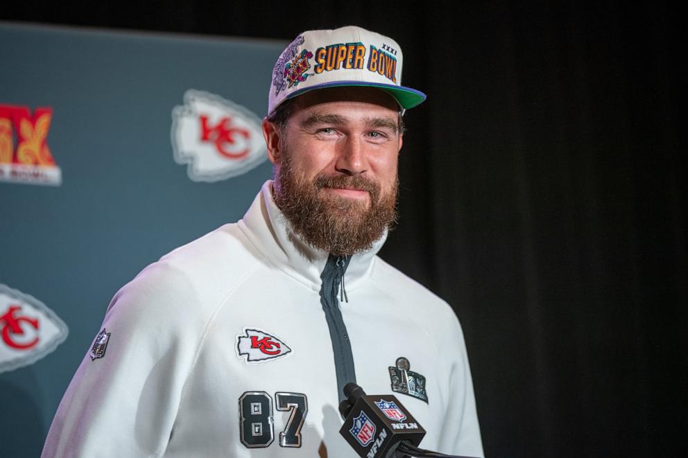 PHOTO: Travis Kelce #87 of the Kansas City Chiefs talks during media availability prior to Super Bowl LIX at the New Orleans Marriott on February 06, 2025 in New Orleans, Louisiana.